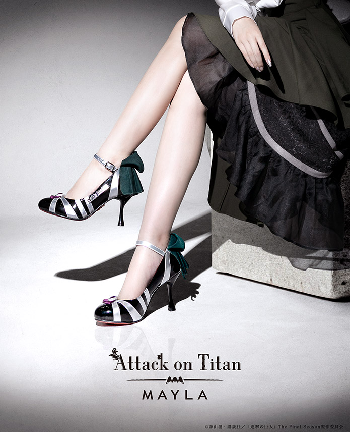 An image showing a woman wearing a pair of shoes inspired by the character Hange Zoe from the anime series Attack on Titan.