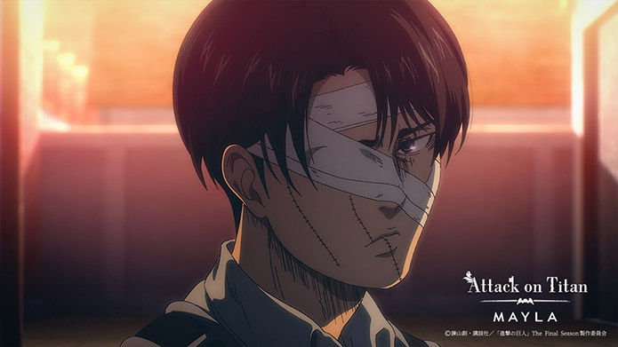 An image showing the character Levi as part of promotional material for a pair of shoes inspired by the anime series Attack on Titan.