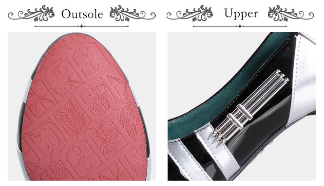 An image on the left showing the sole and an image on the right showing the upper left side of a pair of shoes inspired by the anime series Attack on Titan.