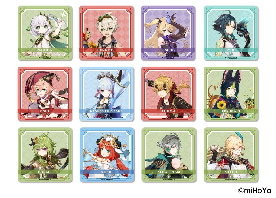 A set of 12 coasters featuring Genshin Impact characters, a free gift that is part of a collaboration between GiGo Taiyaki and Genshin Impact