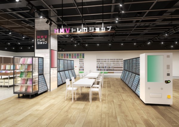 The event space in the HMV Trading Card Shop Shinsaibashi, white tables are laid out for customers to use to play together.