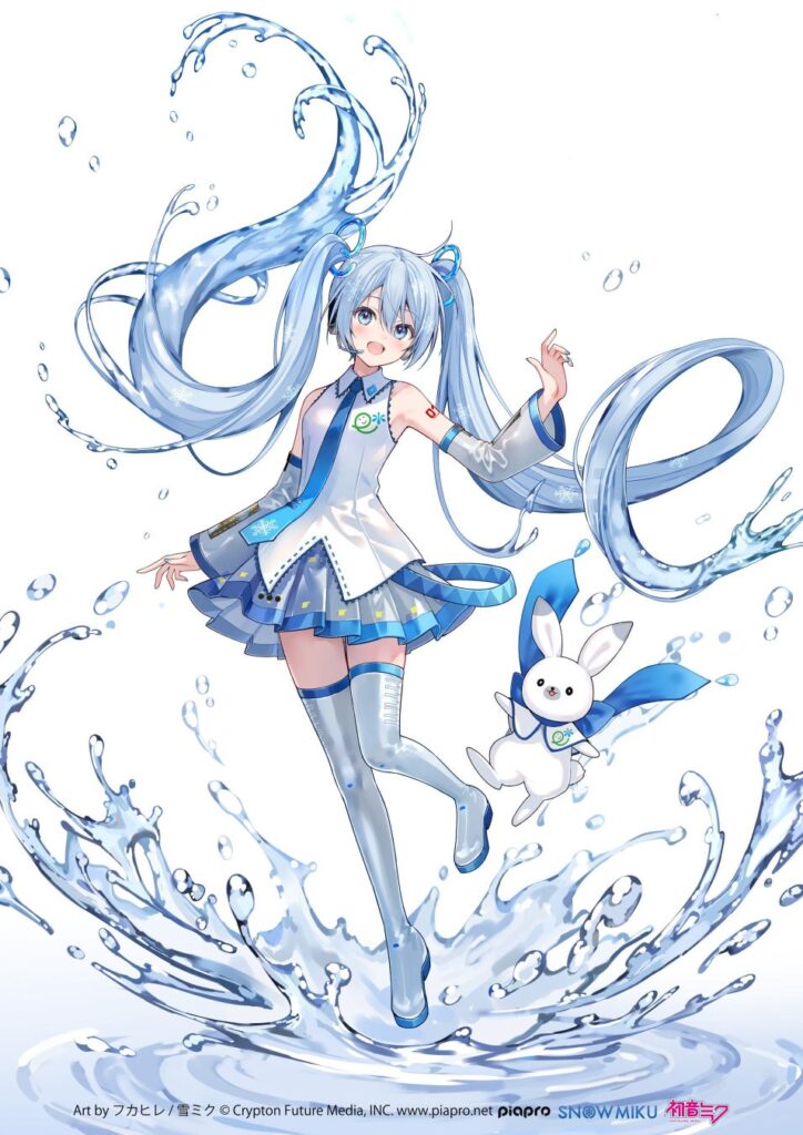 An original illustration by the artist Fukahire showing Snow Miku.