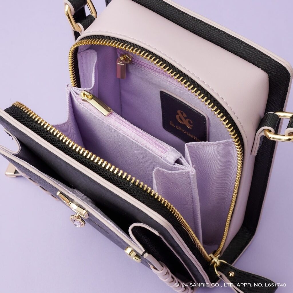 An image showing compartments in a shoulder bag that is part of the & choutte x kuromi collection.