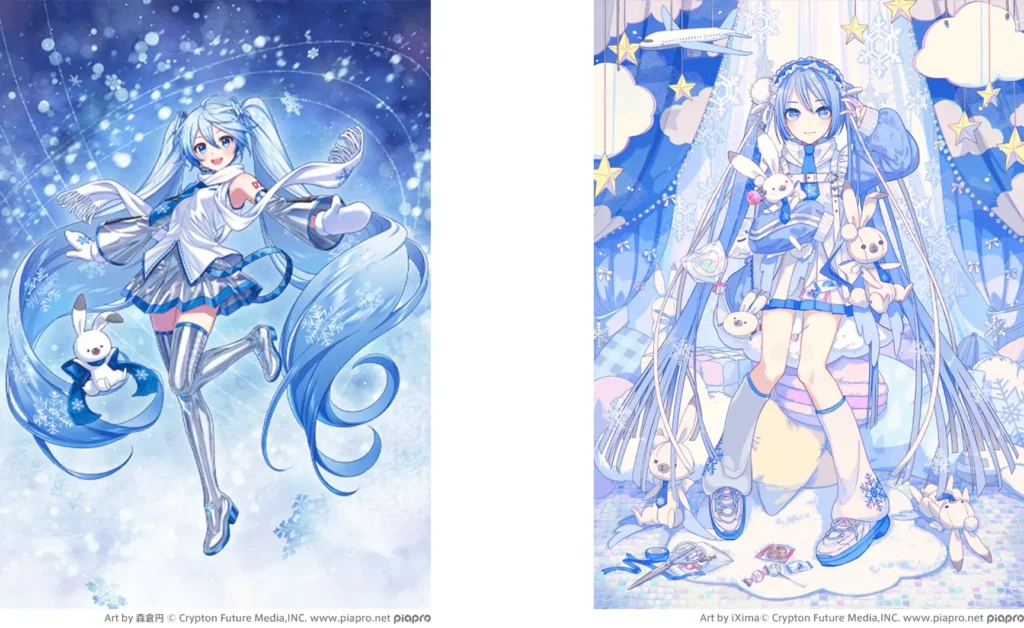 Snow Miku illustrations by Madoka Morikura and iXima