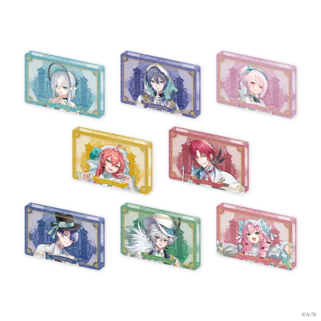 8 types of acrylic block that are part of a Halloween themed merchandise collection for Nijisanji streamers Ars Almal, Koyanagi Row, Shiina Yuika, Shishido Akari, Ha Yun, Harusaki Air, Murakumo Kagetsu, and Yang Nari. 