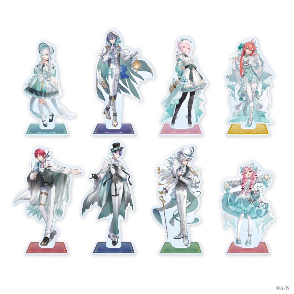 8 types of acrylic stand that are part of a Halloween themed merchandise collection for Nijisanji streamers Ars Almal, Koyanagi Row, Shiina Yuika, Shishido Akari, Ha Yun, Harusaki Air, Murakumo Kagetsu, and Yang Nari. 