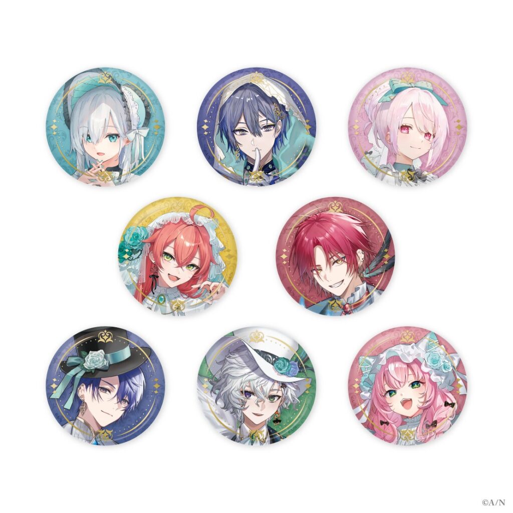 8 types of badge that are part of a Halloween themed merchandise collection for Nijisanji streamers Ars Almal, Koyanagi Row, Shiina Yuika, Shishido Akari, Ha Yun, Harusaki Air, Murakumo Kagetsu, and Yang Nari. 