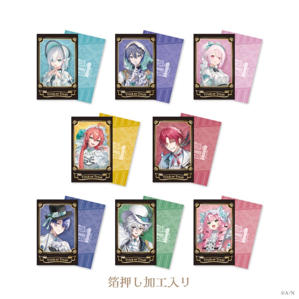 8 types of polaroid style photo cards that are part of a Halloween themed merchandise collection for Nijisanji streamers Ars Almal, Koyanagi Row, Shiina Yuika, Shishido Akari, Ha Yun, Harusaki Air, Murakumo Kagetsu, and Yang Nari. 