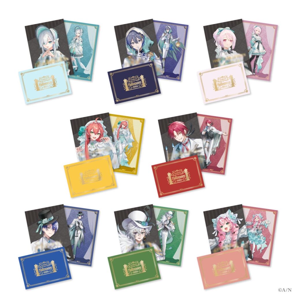 8 types of invitation style postacards that are part of a Halloween themed merchandise collection for Nijisanji streamers Ars Almal, Koyanagi Row, Shiina Yuika, Shishido Akari, Ha Yun, Harusaki Air, Murakumo Kagetsu, and Yang Nari. 