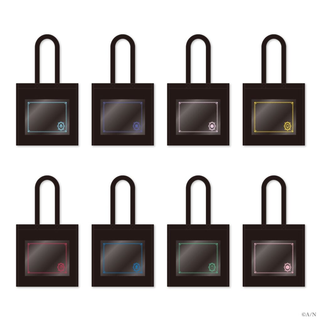 8 types of tote bag that are part of a Halloween themed merchandise collection for Nijisanji streamers Ars Almal, Koyanagi Row, Shiina Yuika, Shishido Akari, Ha Yun, Harusaki Air, Murakumo Kagetsu, and Yang Nari. 