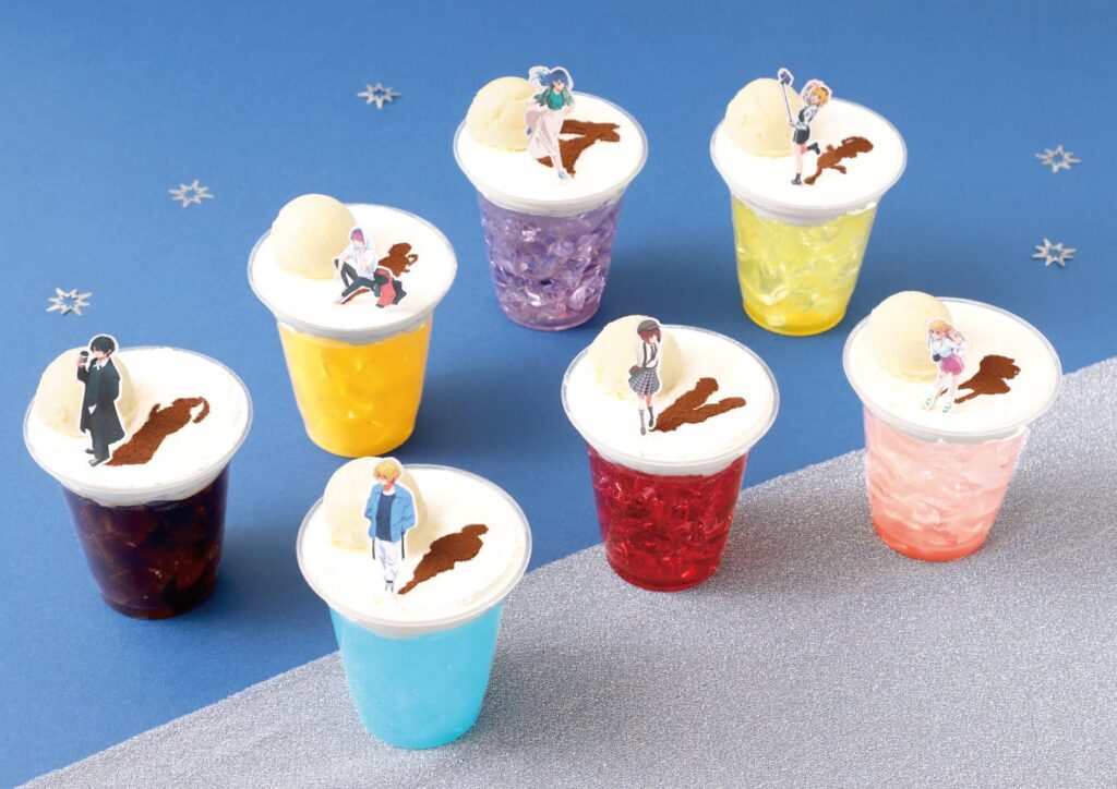 7 float style drinks featuring characters from Oshi no Ko.