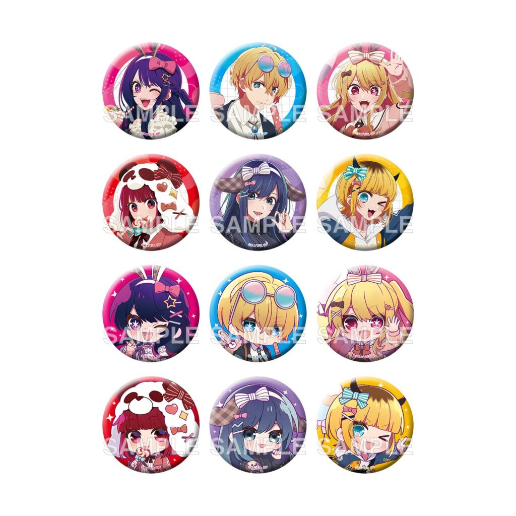 A set of 12 badges featuring characters from Oshi no Ko.