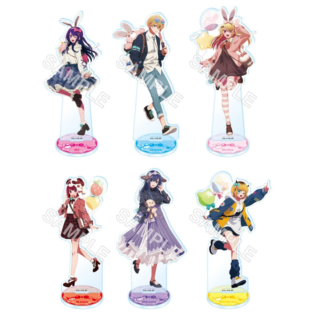 A set of 6 large acrylic stands featuring characters from Oshi no Ko.