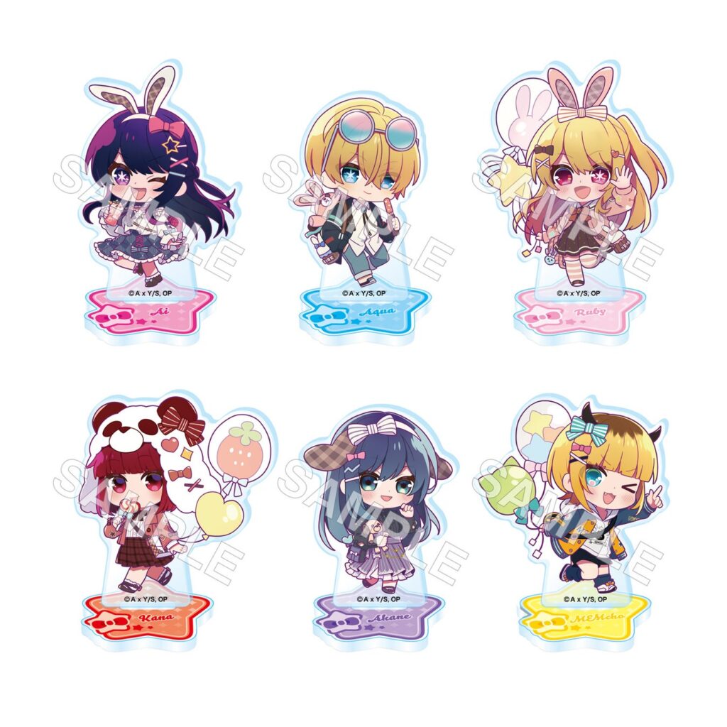 A set of 6 small acrylic stands featuring characters from Oshi no Ko.