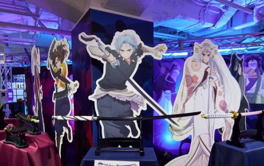 Life size cardboard cut outs of characters from the fictional manga series "Tokyo Blade".