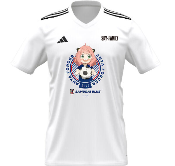 A white replica soccer shirt with the character Anya Forger from the anime Spy x Family on the front