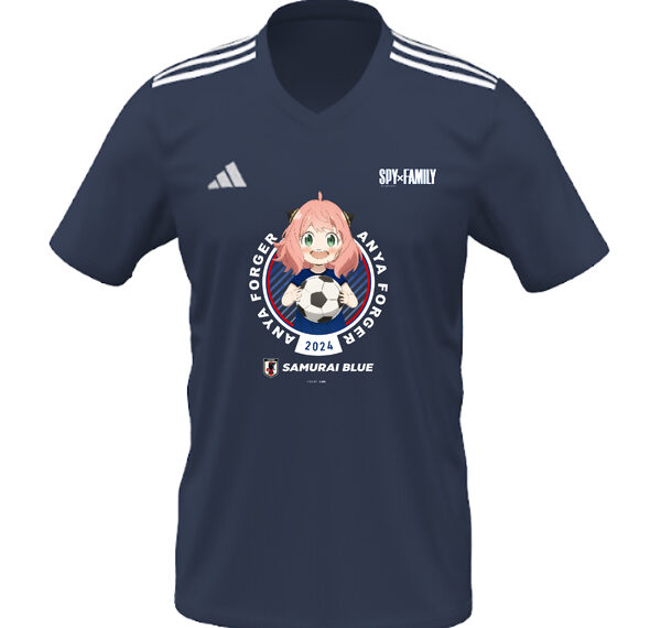 A blue replica soccer shirt with the character Anya Forger from the anime Spy x Family on the front