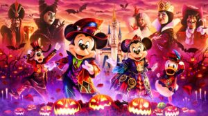 Promotional image for Halloween at Tokyo Disney Resort 2024 featuring Disney characters