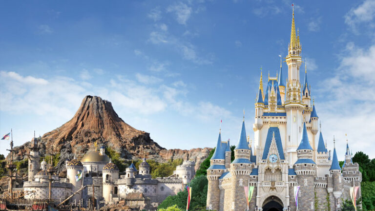 A panoramic view of attractions at Tokyo DIsneyland, focusing on the castle.