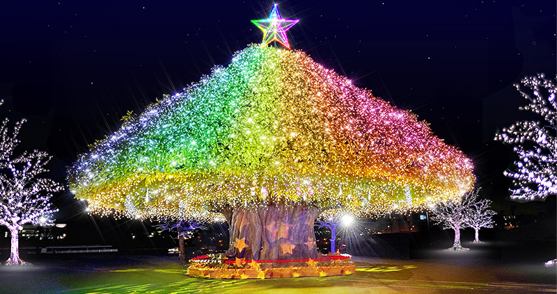 A tree lit up in rainbow colours at Tokyo Mega Illuminations