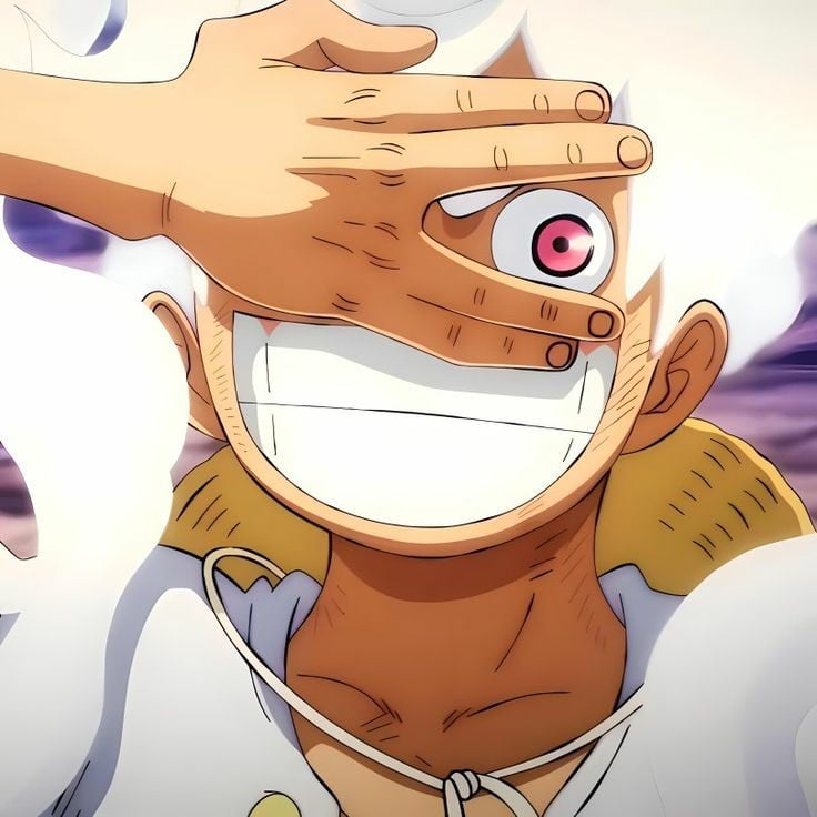 An image of Gear 5 Luffy from ONE PIECE holding his hand over his face.