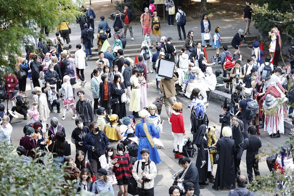 A Crowd of Cosplayers on stage at the Ikebukuro Halloween Cosplay event