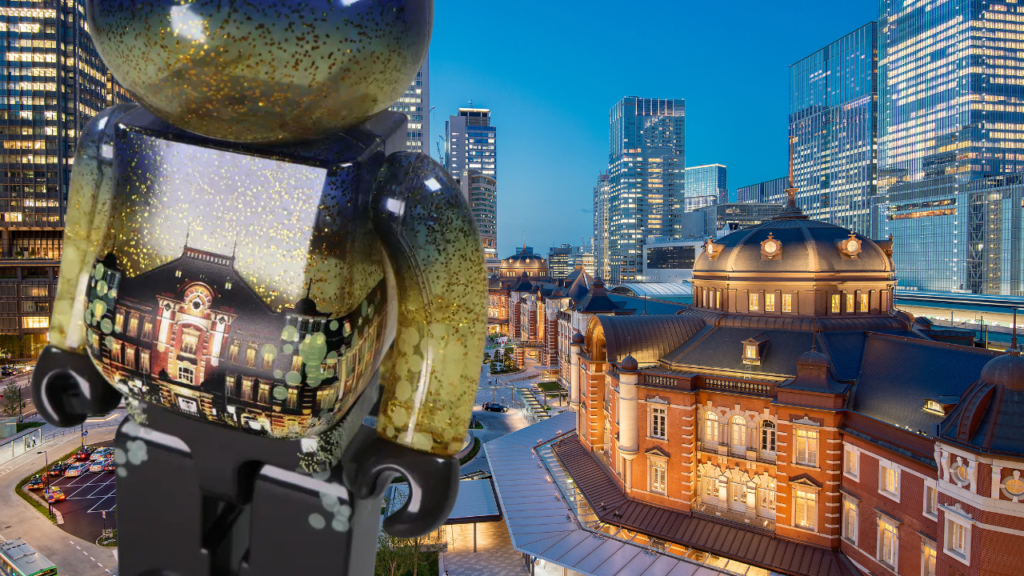 Tokyo Station at night and the 110th anniversary Bearbrick figure