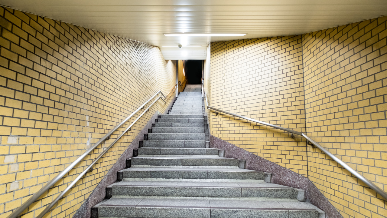 Stairs in a Japanese train station.