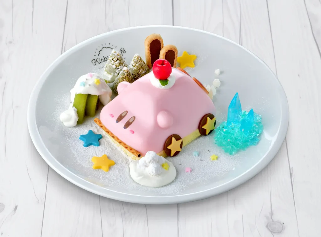 A kirby car themed dessert, part of the Kirby Cafe Winter 2024 menu