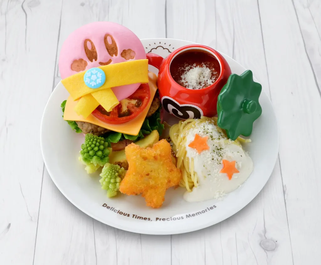 A kirby themed burger, part of the Kirby Cafe Winter 2024 menu