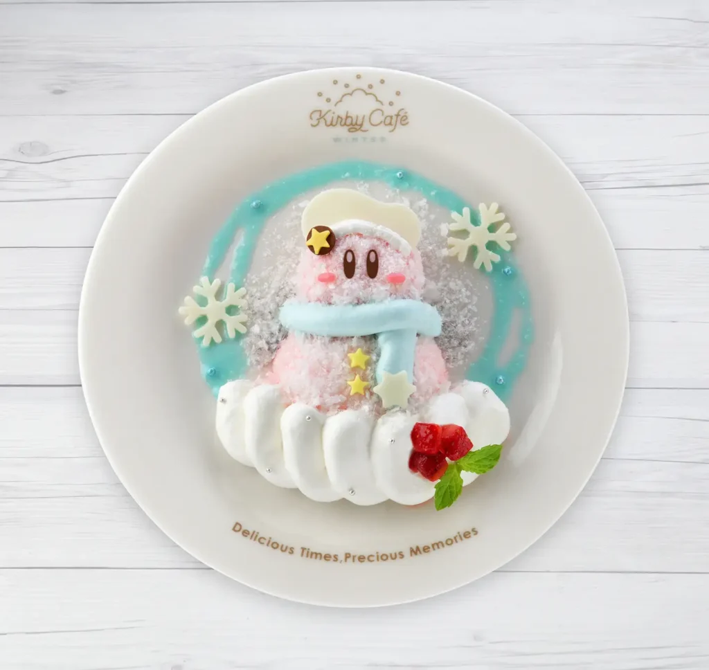 A kirby snowman themed dessert, part of the Kirby Cafe Winter 2024 menu