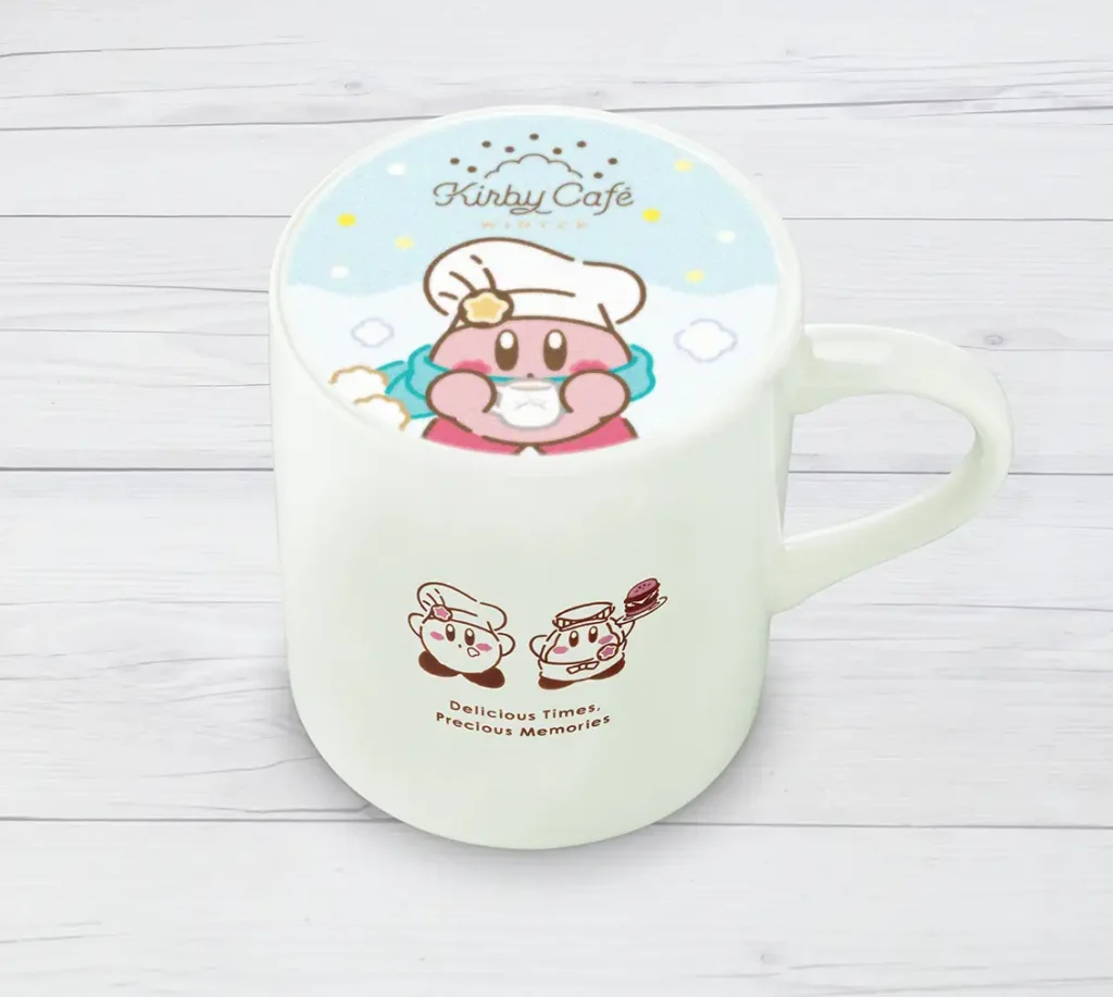 A kirby themed latte, part of the Kirby Cafe Winter 2024 menu