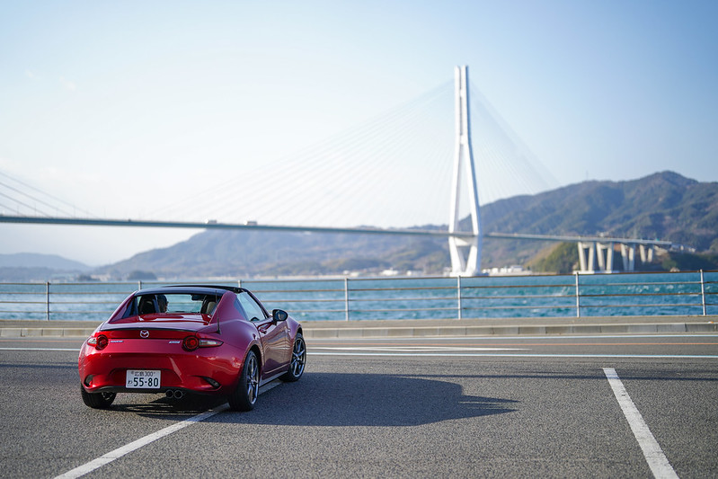 A Mazda car parked near the Shimanami Kaido Bikeway