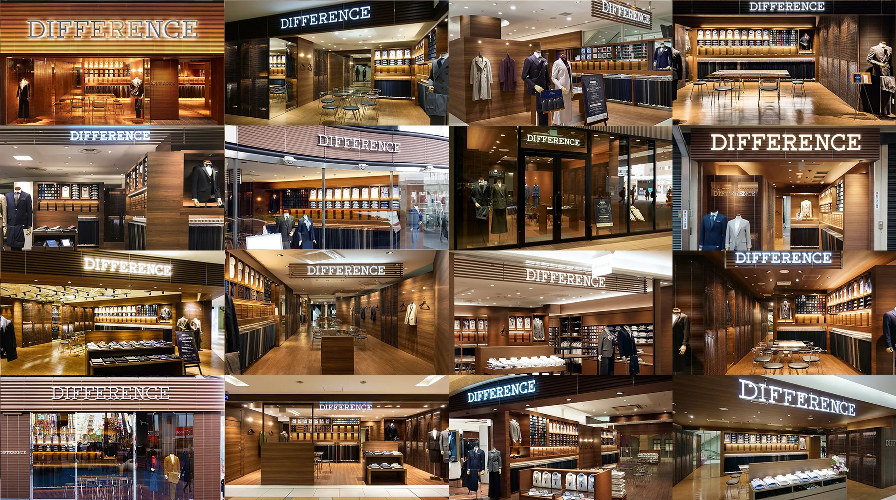 A collage showing different stores belonging to DIFFERENCE in Japan A collage showing different stores belonging to DIFFERENCE in Japan