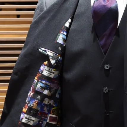 A suit jacket showing an Evangelion themed lining