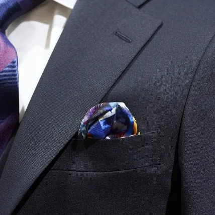 An Evangelion themed handkerchief in a suit pocket