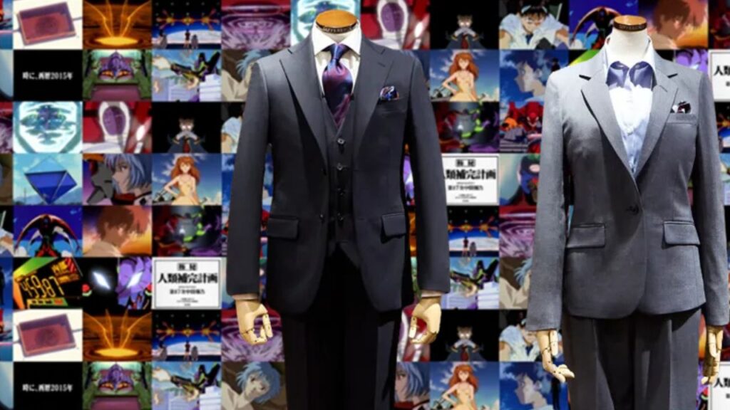 A series of screenshots from the Evangelion anime with a pair of custom suits in front of them