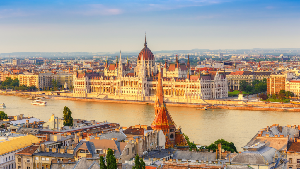 The Hungarian Parliament Buildings stand on the banks of the Danube