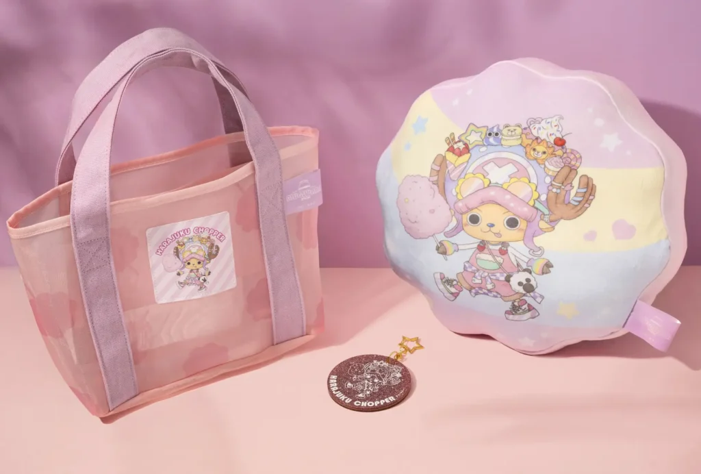 A cushion, tote bag and key chain featuring the Harajuku Chopper character