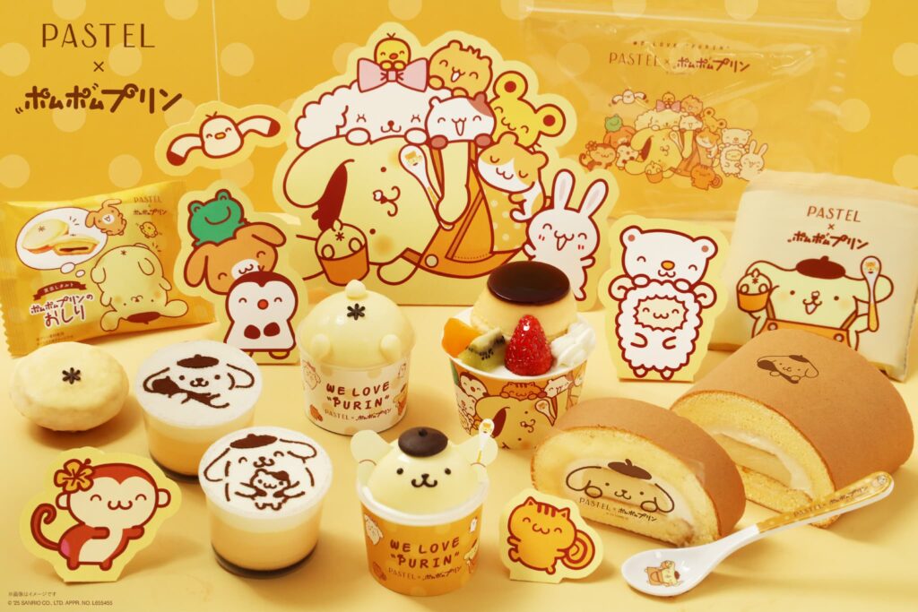 A selection of the Pastel and Pom Pom Purin collaboration goods available on a table