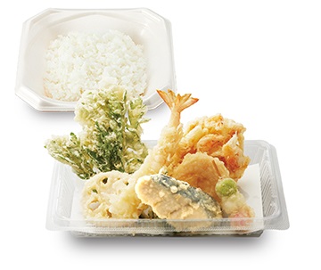 Two takeaway containers filled with tempura and rice