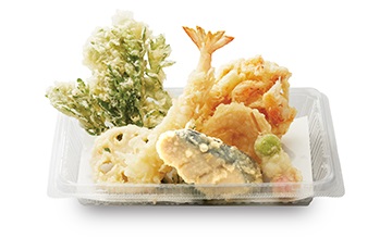 A takeaway container filled with tempura