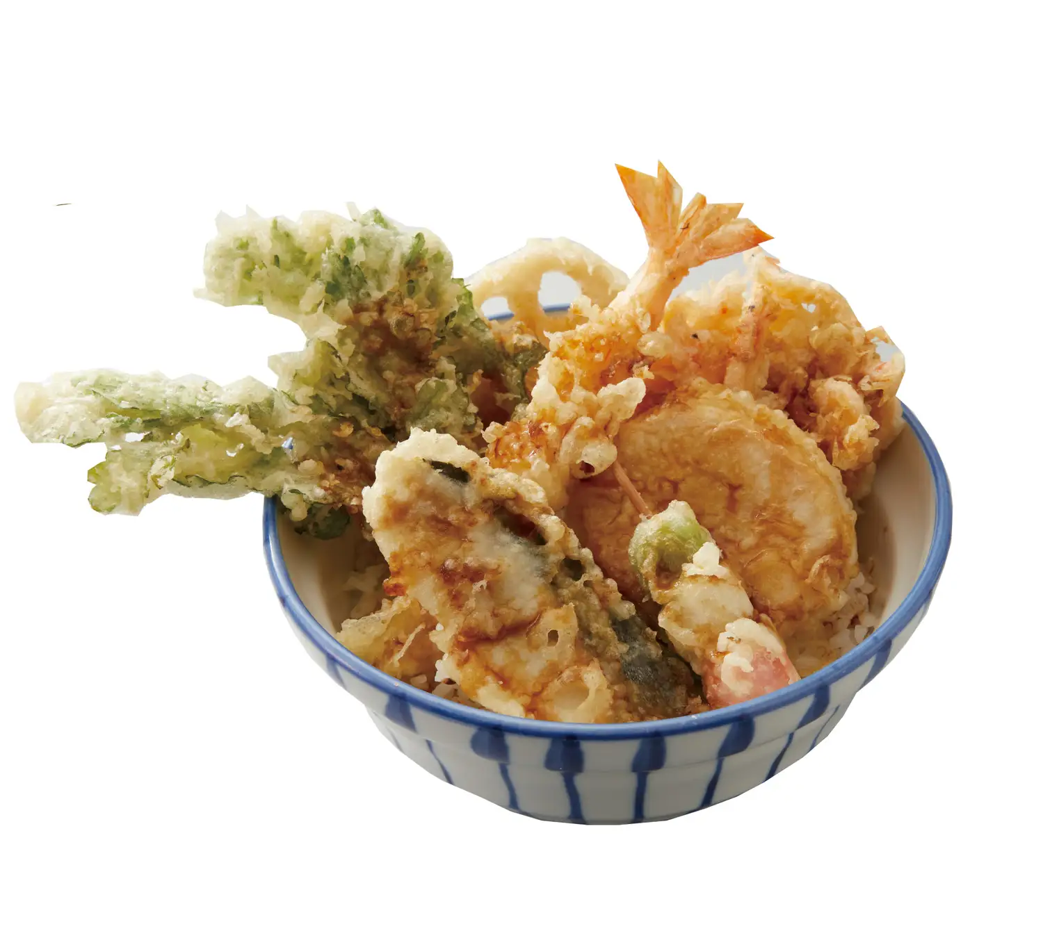 A bowl filled with rice and tempura A bowl filled with rice and tempura