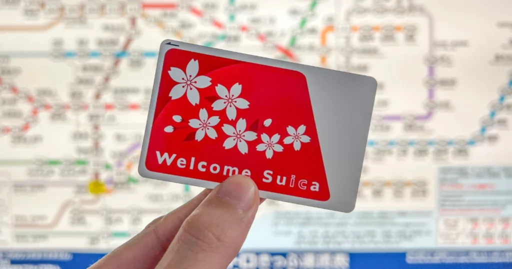 A Welcome Suica IC card being held in front of a fare chart