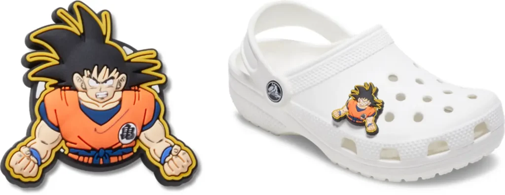 A Dragon Ball themed Crocs charm and a pair of Crocs clogs