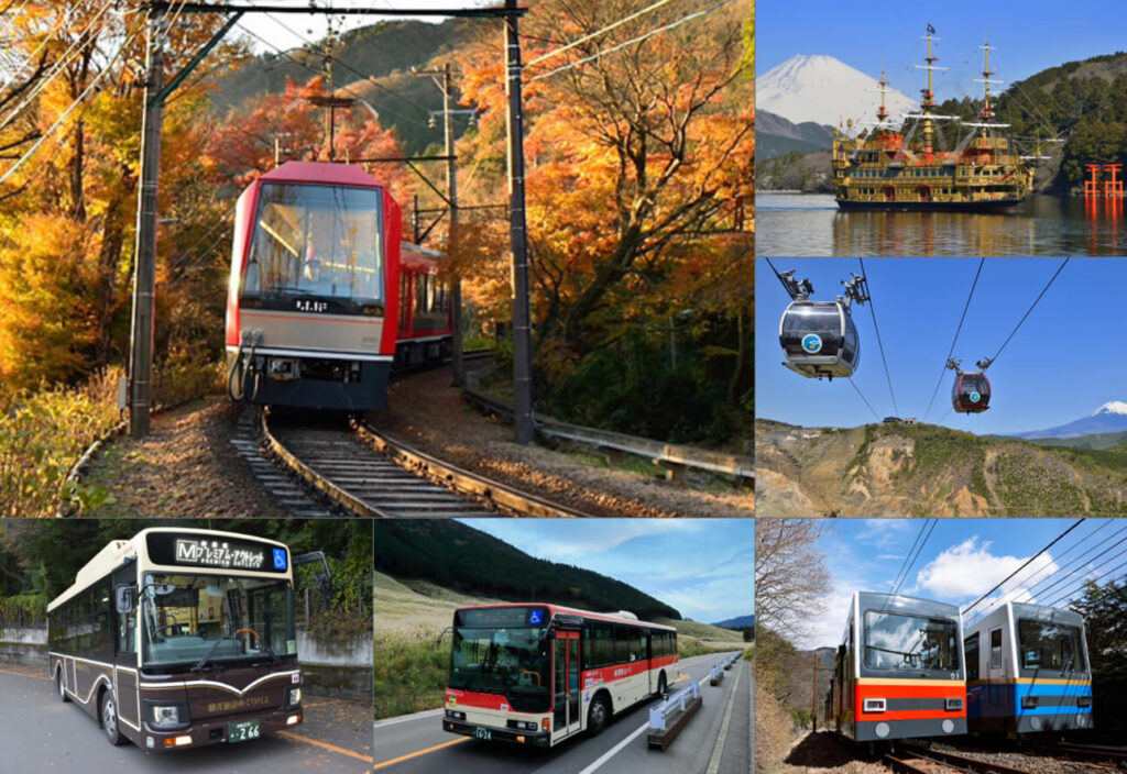 A collage showing various modes of travel on the Hakone Loop