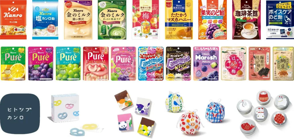 Images of candy packaging for a variety of brands produced by Kanro