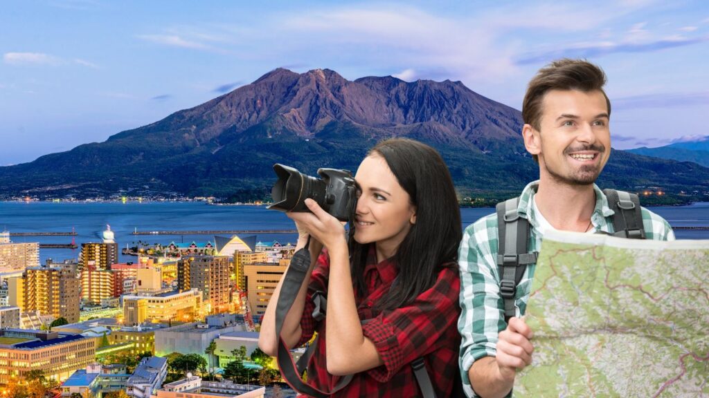 A pair of tourists superimposed on an image of Sakurajimi, Kyushu