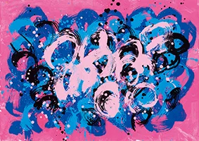 Pink, blue and black artwork by Atsuhito Fujiki