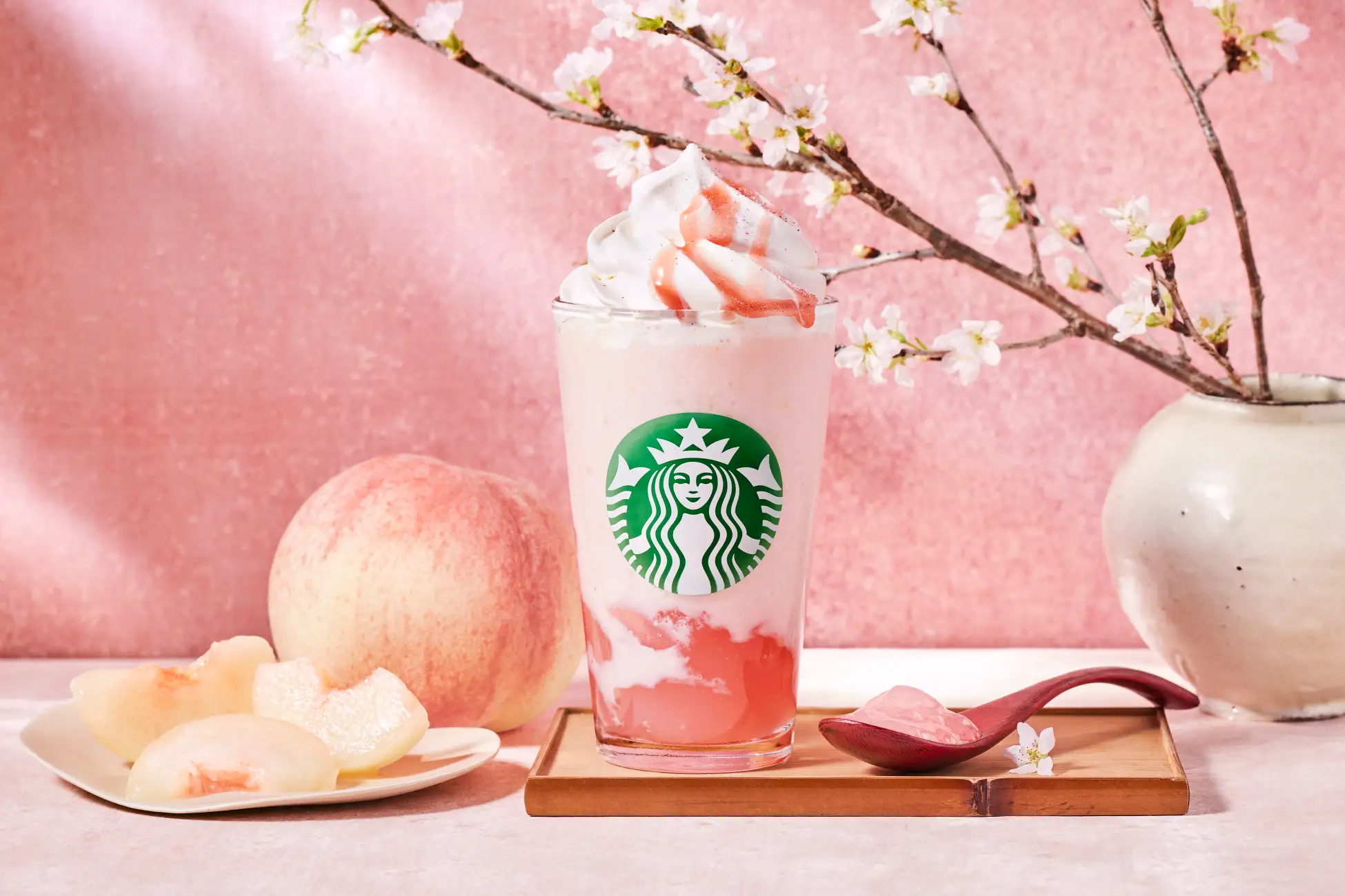 The White Peach and Cherry Blossom Warabi Mochi Frappuccino will only be available for a short period of time The White Peach and Cherry Blossom Warabi Mochi Frappuccino will only be available for a short period of time